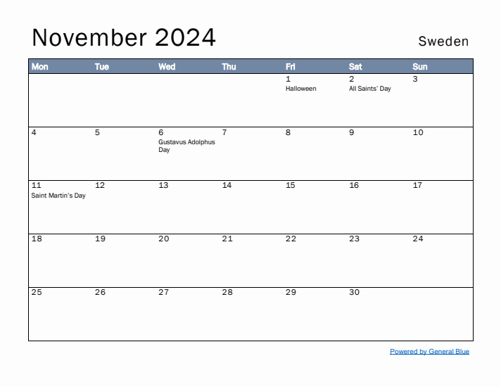 November 2024 Simple Monthly Calendar for Sweden