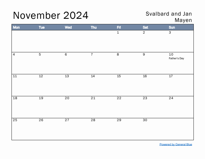 November 2024 Simple Monthly Calendar for Svalbard and Jan Mayen