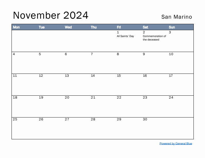 November 2024 Simple Monthly Calendar for San Marino