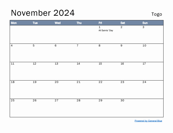 November 2024 Simple Monthly Calendar for Togo