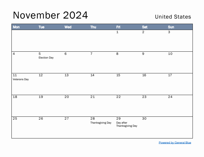 November 2024 Simple Monthly Calendar for United States