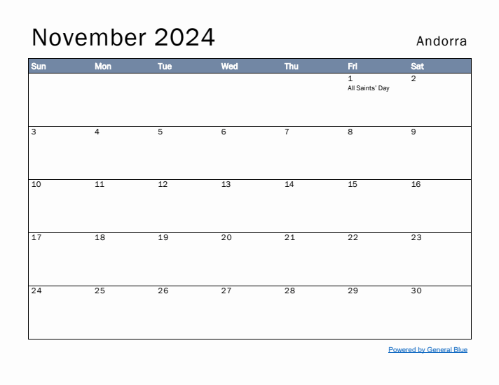 November 2024 Simple Monthly Calendar for Andorra