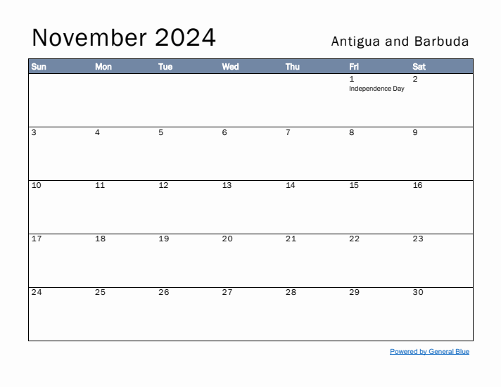 November 2024 Simple Monthly Calendar for Antigua and Barbuda