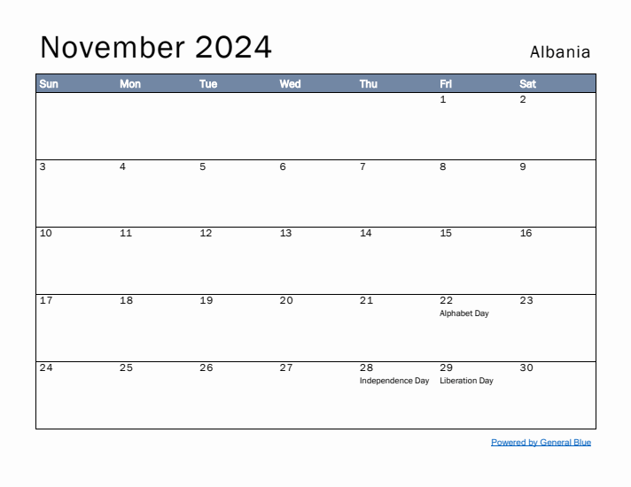 November 2024 Simple Monthly Calendar for Albania