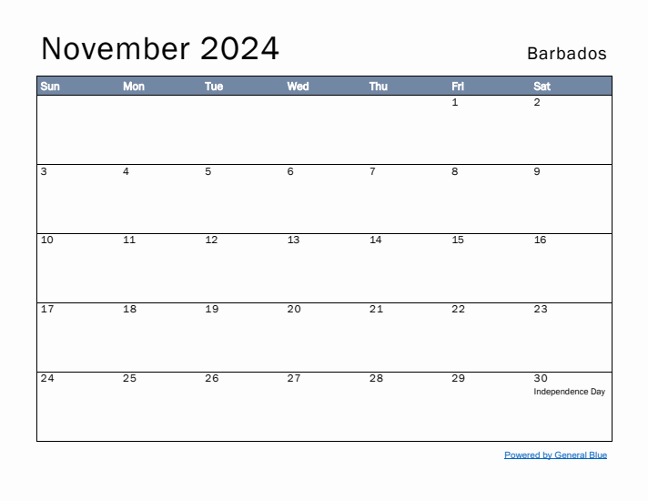 November 2024 Simple Monthly Calendar for Barbados