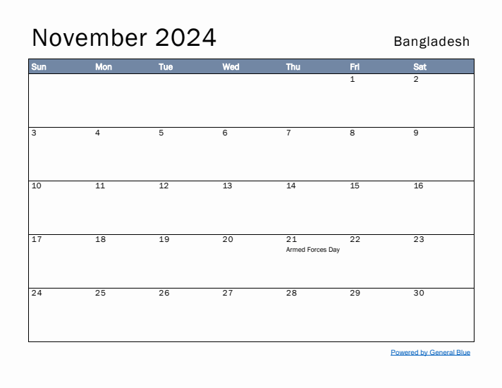 November 2024 Simple Monthly Calendar for Bangladesh