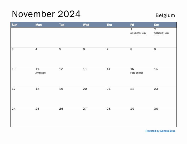 November 2024 Simple Monthly Calendar for Belgium