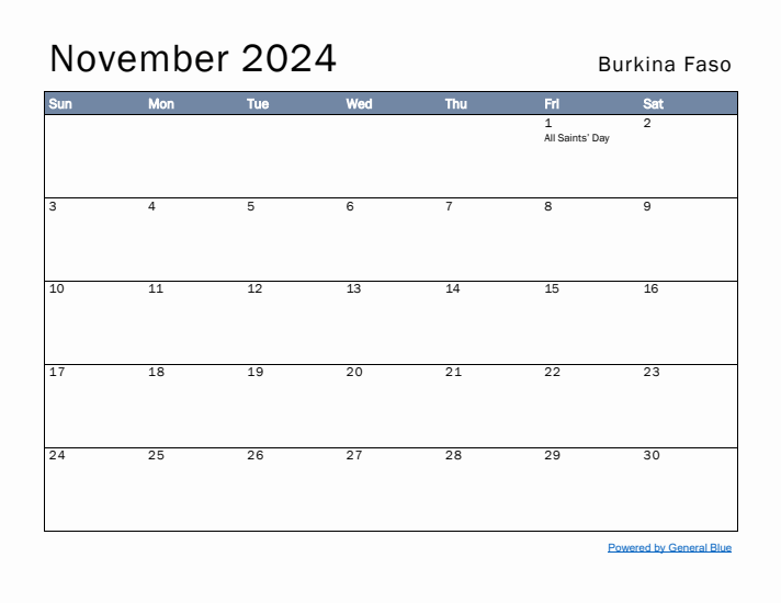 November 2024 Simple Monthly Calendar for Burkina Faso