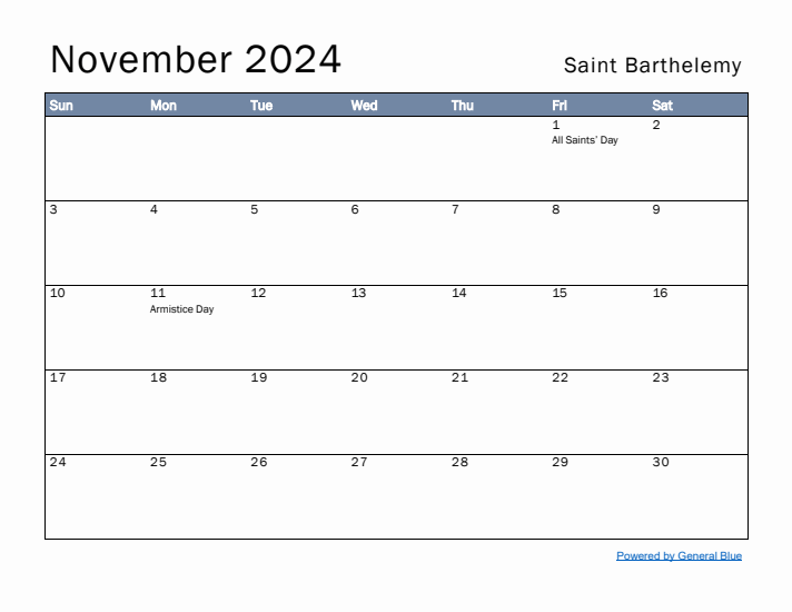 November 2024 Simple Monthly Calendar for Saint Barthelemy