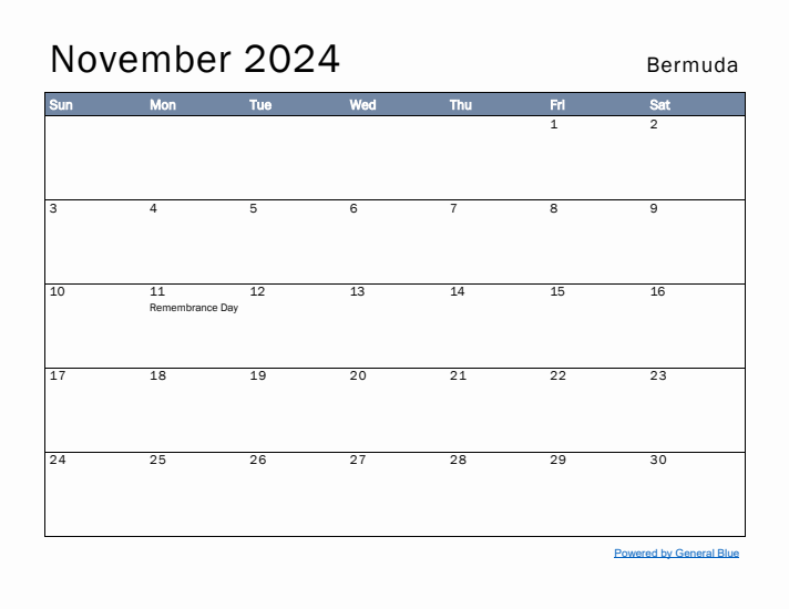 November 2024 Simple Monthly Calendar for Bermuda