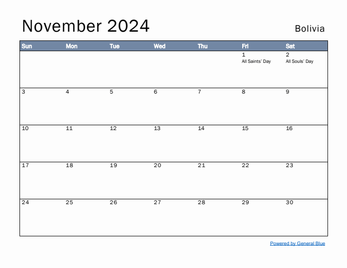 November 2024 Simple Monthly Calendar for Bolivia