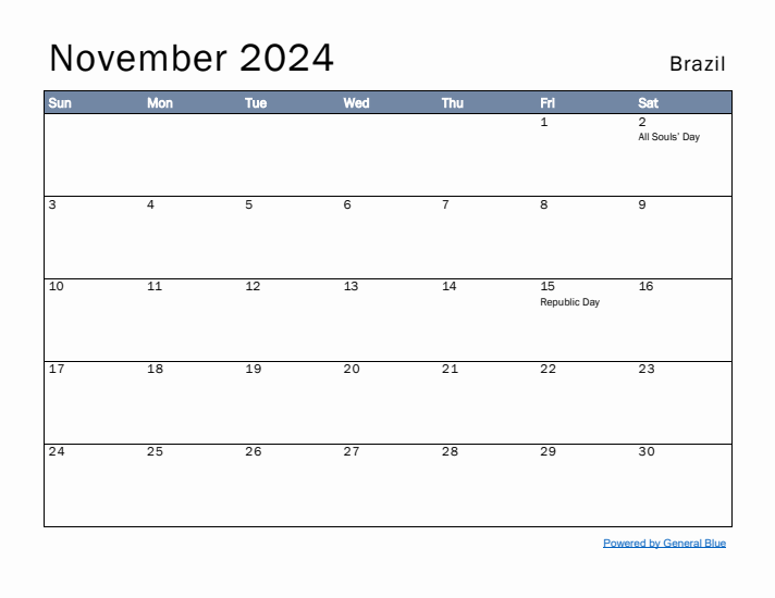 November 2024 Simple Monthly Calendar for Brazil