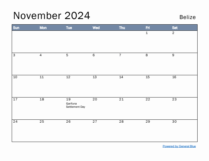 November 2024 Simple Monthly Calendar for Belize