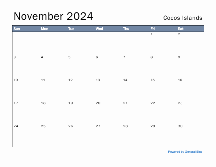 November 2024 Simple Monthly Calendar for Cocos Islands