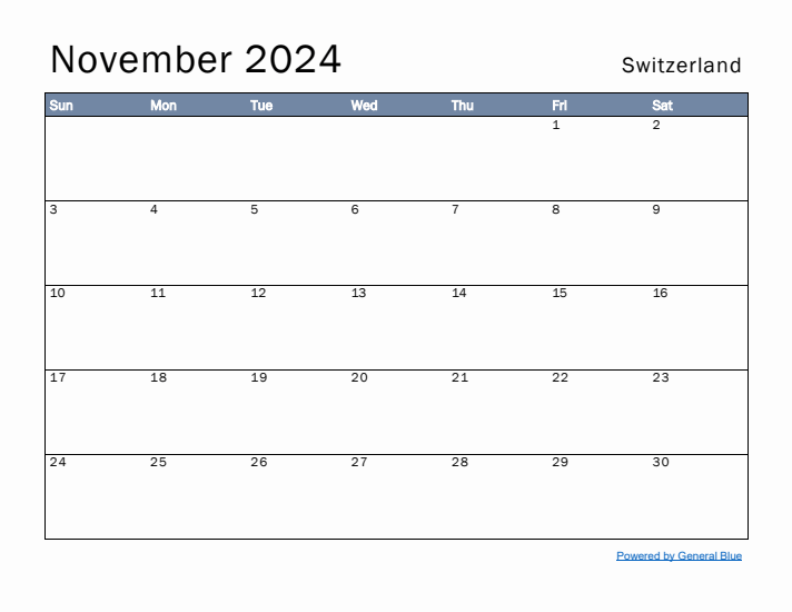 November 2024 Simple Monthly Calendar for Switzerland