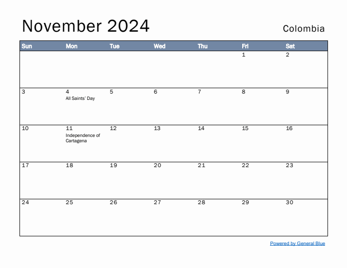 November 2024 Simple Monthly Calendar for Colombia