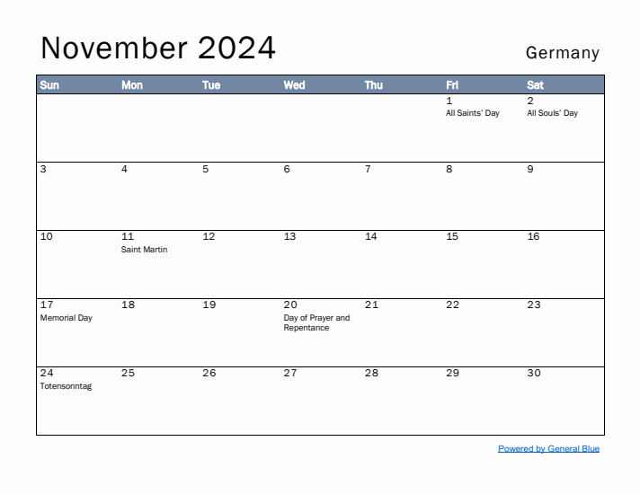 November 2024 Simple Monthly Calendar for Germany