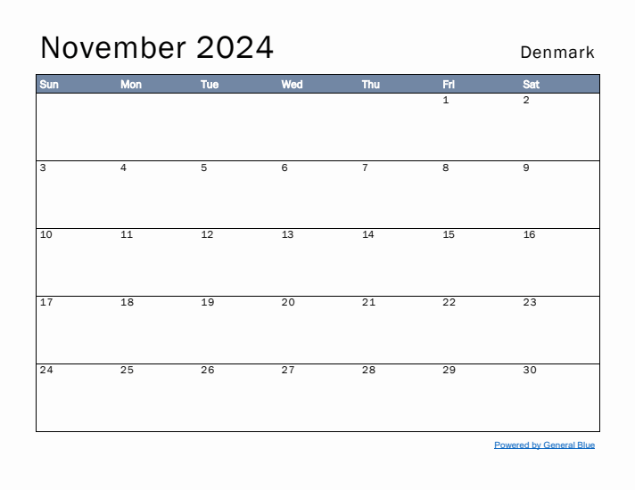 November 2024 Simple Monthly Calendar for Denmark