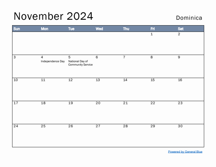 November 2024 Simple Monthly Calendar for Dominica