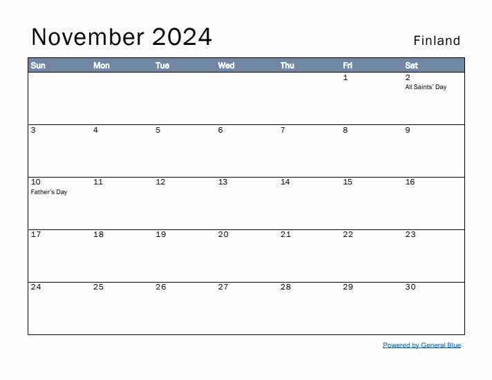 November 2024 Simple Monthly Calendar for Finland