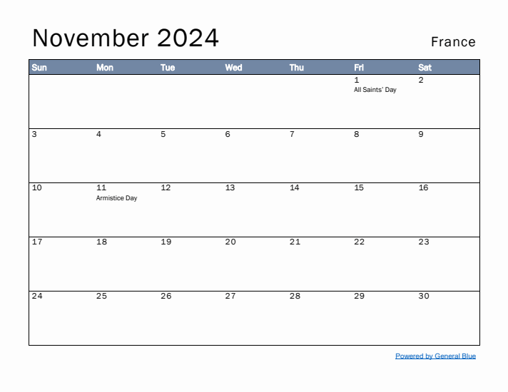 November 2024 Simple Monthly Calendar for France