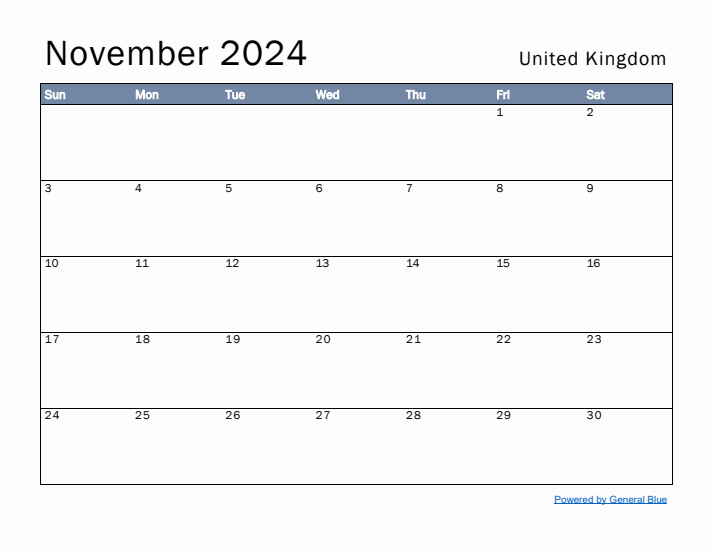 November 2024 Simple Monthly Calendar for United Kingdom