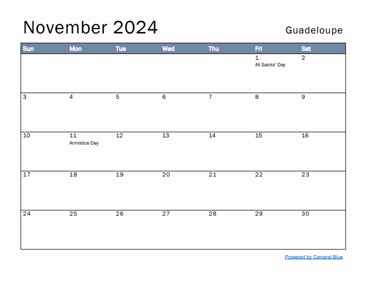 November 2024 Simple Monthly Calendar for Guadeloupe