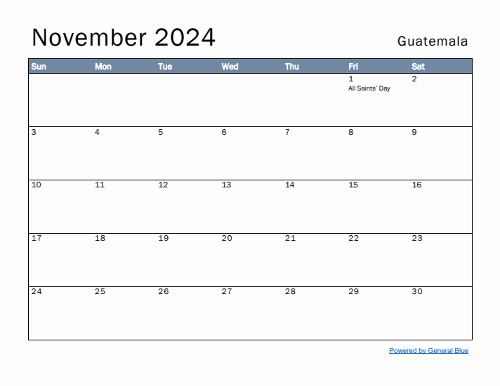 November 2024 Simple Monthly Calendar for Guatemala