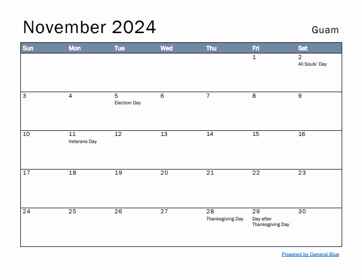 November 2024 Simple Monthly Calendar for Guam