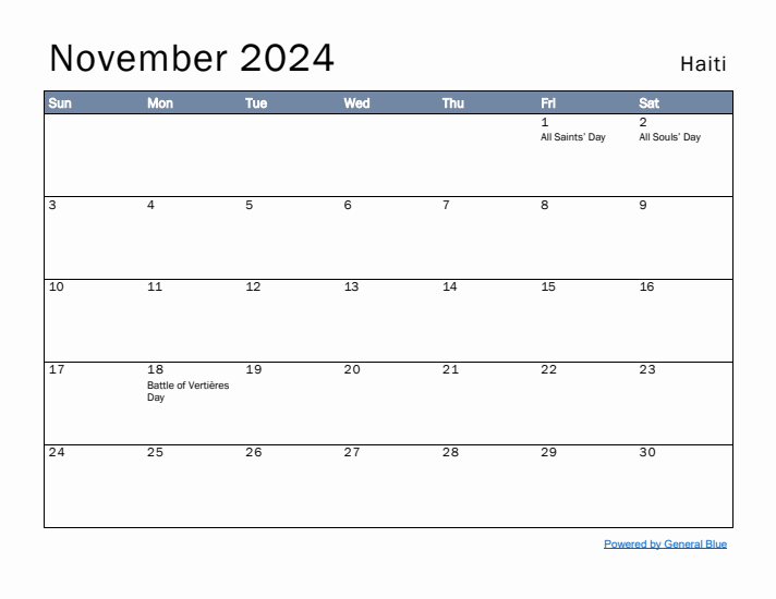 November 2024 Simple Monthly Calendar for Haiti