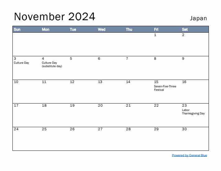 November 2024 Simple Monthly Calendar for Japan