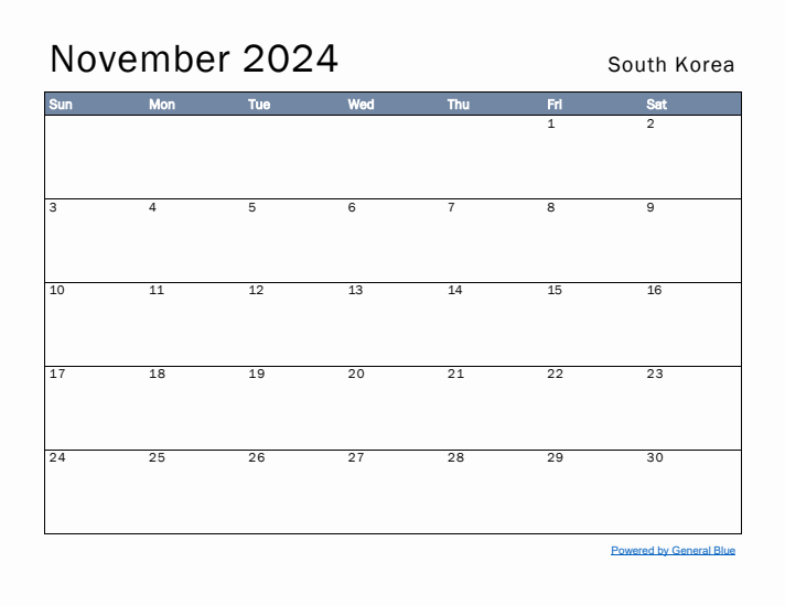 November 2024 Simple Monthly Calendar for South Korea