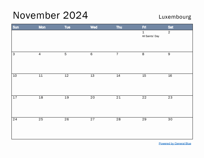 November 2024 Simple Monthly Calendar for Luxembourg