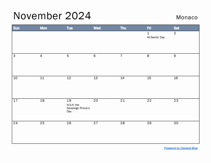 November 2024 Simple Monthly Calendar for Monaco