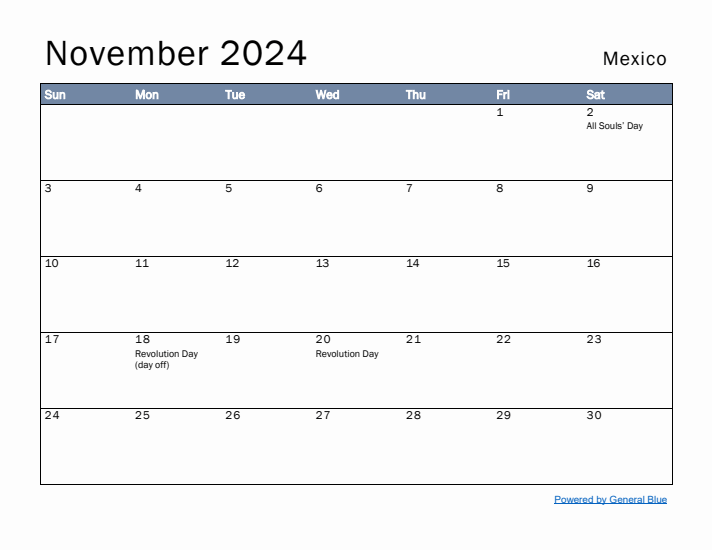 November 2024 Simple Monthly Calendar for Mexico