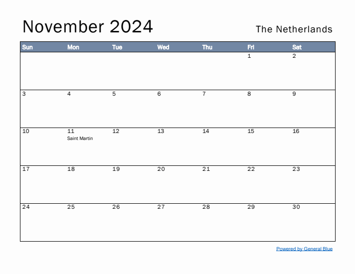 November 2024 Simple Monthly Calendar for The Netherlands