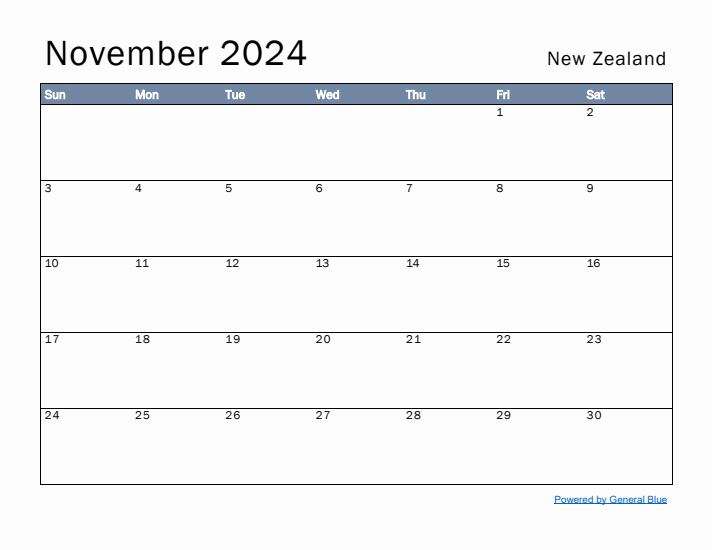 November 2024 Simple Monthly Calendar for New Zealand