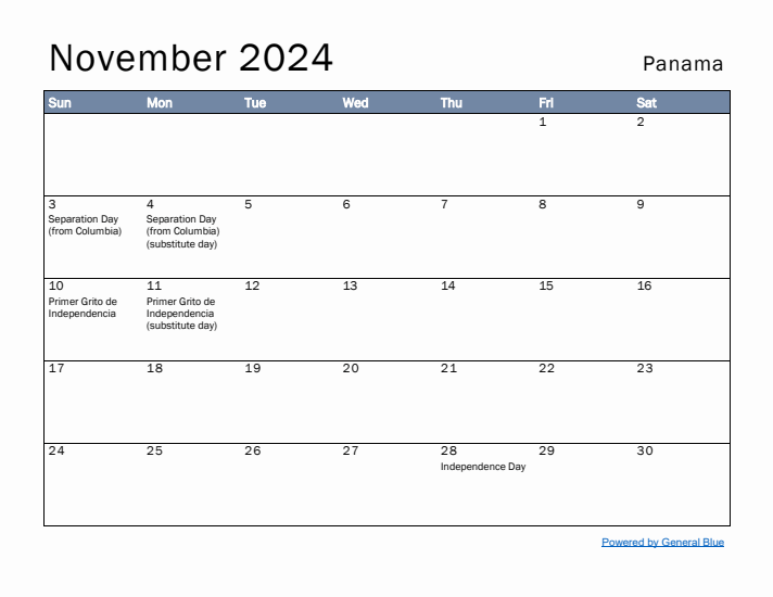 November 2024 Simple Monthly Calendar for Panama