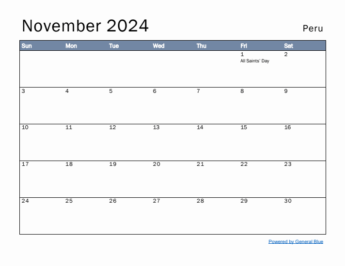 November 2024 Simple Monthly Calendar for Peru