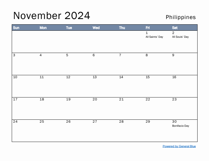 November 2024 Simple Monthly Calendar for Philippines