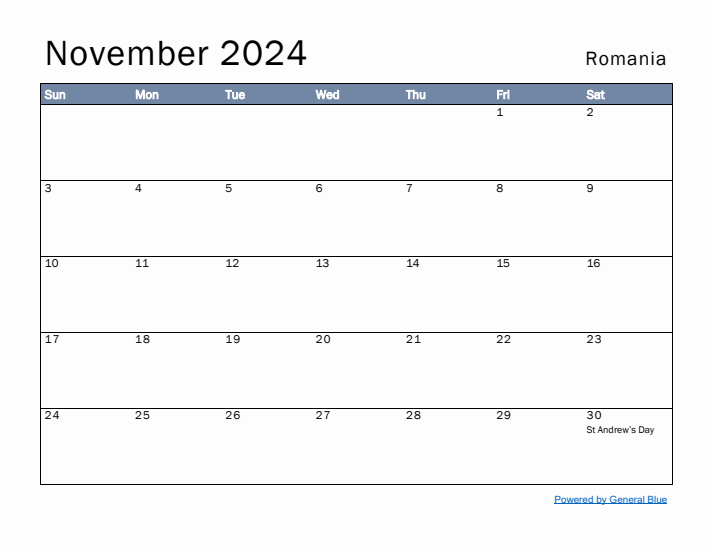 November 2024 Simple Monthly Calendar for Romania