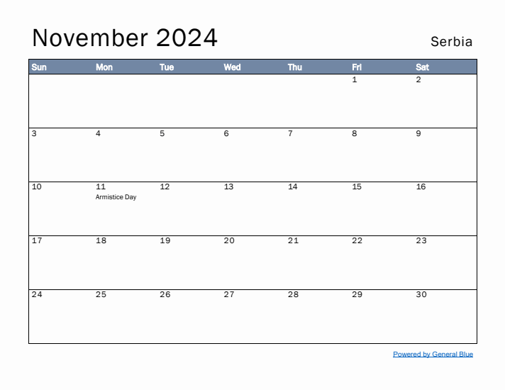 November 2024 Simple Monthly Calendar for Serbia