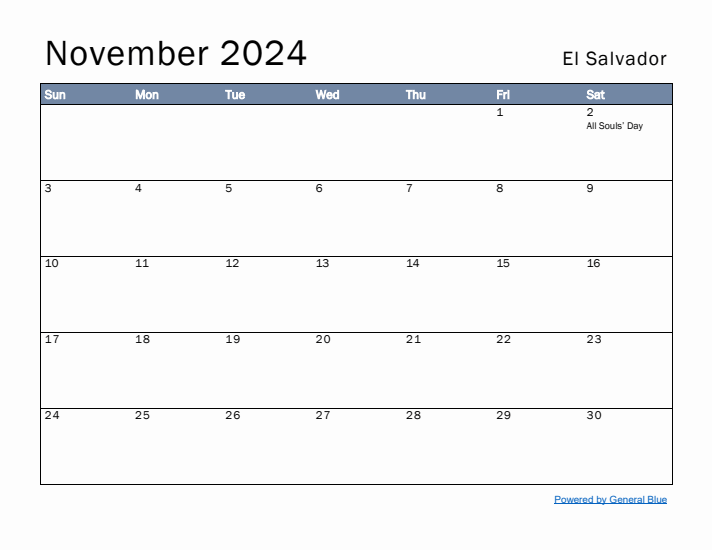 November 2024 Simple Monthly Calendar for El Salvador