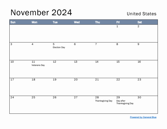 November 2024 Simple Monthly Calendar for United States