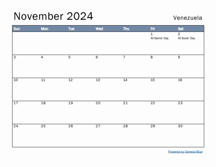 November 2024 Simple Monthly Calendar for Venezuela