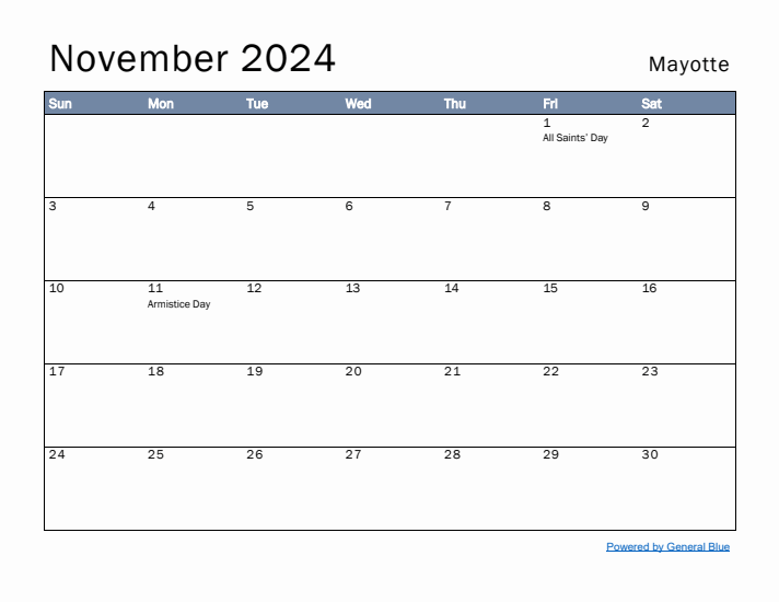 November 2024 Simple Monthly Calendar for Mayotte