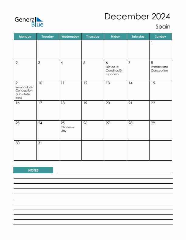 Calendar with Notes Printable - Monday Start