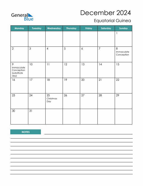 Calendar with Notes Printable - Monday Start