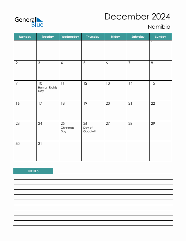 Calendar with Notes Printable - Monday Start