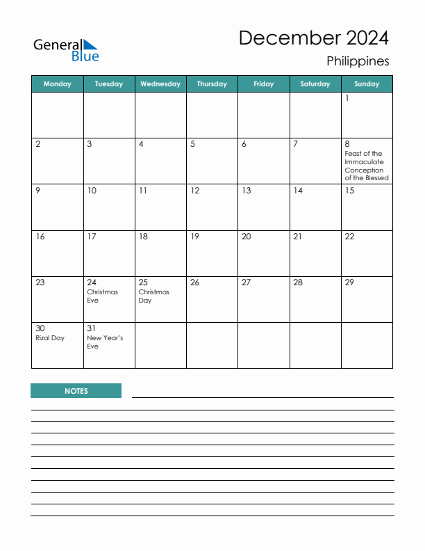 Calendar with Notes Printable - Monday Start